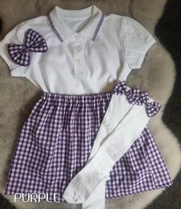 CONJUNTO UNIFORME ESCOLAR NIÑAS EDADES 2-14 AÑOS FALDA POLO CLIP CALCETINES CUADROS MORADOS - Imagen 1 de 2