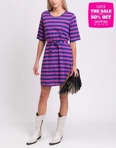 AGLINI Short Dress IT42 US6 UK10 M Striped Tie Belt Made in Italy - Picture 1 of 10