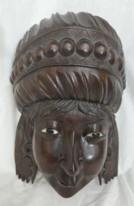 Antique Carved Heavy Rosewood Wood Bust Mask of Chinese Maiden w/ Glass Eyes Ir2 - Picture 1 of 11