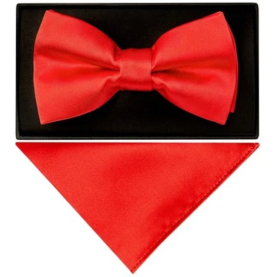 TIESRUS Plain Bright Red Mens Bow Tie and Pocket Square Set Wedding Christening Formal