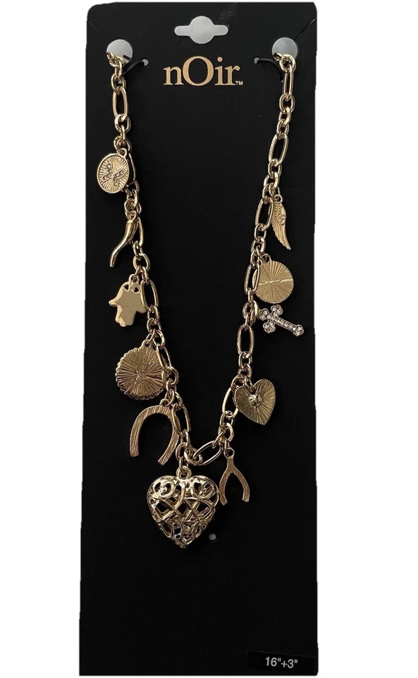 Collar Negro Con Dijes Cruz, Corazones, Herradura 16 Pulgadas Ajustable Tono Dorado Foto 1 de 2