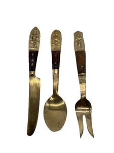 Solid Nickel Bronze Brown Wood Vintage Utensils Set 5 in Made In Thailand - Picture 1 of 9