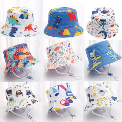 Baby Kids Summer Sun Hat Boys Girls Animals Pattern Beach Bucket Hats Chin Strap - Image 1 of 4