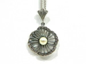 Van Kempen Art Nouveau Simulated Pearl Swarovski Crystal Flower Pendant, Silver - Picture 1 of 4