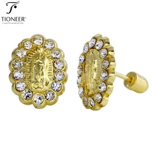Pendientes de tachuelas posteriores a tornillo Mother Mary oro 14k cúbico circonio dama de Guadalupe - Imagen 1 de 3