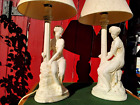 Pair Vintage Classical Figurine & Column Table Lamps With Lampshades