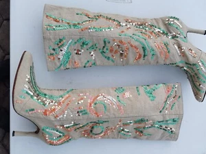 HANDMADE Sz 38 0r 7 Fabric Sequin Pull On Knee High Boots Embellished - Picture 1 of 9