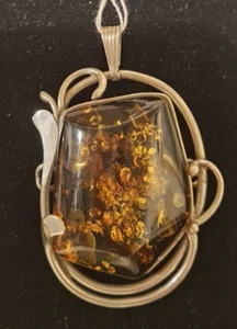 Large Vintage Sterling Baltic Amber Pendant Modern Styled Setting - Picture 1 of 3