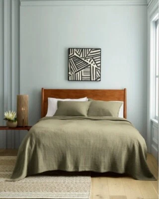 NUEVO SIN ETIQUETAS MEMBRILLO ORGÁNICO ACANALADO ALGODÓN CONJUNTO COMPLETO QUEEN ALGODÓN MANTA OLIVA Foto 1 de 4