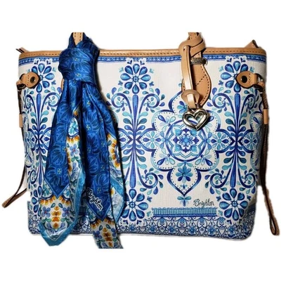 BOLSO BUFANDA DE LONA RECUBIERTA RIBETE CUERO BRITÁNICO AZUL Y BLANCO BRIGHTON BRIELLE NUEVO SIN ETIQUETAS Foto 1 de 4