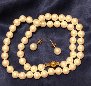 Faux Pearls Earrings & Necklace Set 18” Gold Plated - Picture 1 of 5