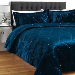 Spcl. 3 PC Single Aqua Blue Crystal Quilted Velvet Duvet Cover Set / Quilt Cover - Picture 1 of 4