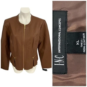 INC Coat Womens XL Faux Leather Jacket Brown Peplum Preppy Work Office Casual - Picture 1 of 13