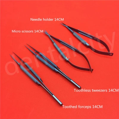 Kit de instrumentos microcirúrgicos de titânio 14 cm tesoura suporte de agulha pinça 4 peças - Imagem 1 de 4