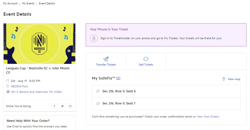 2张门票纳什维尔SCVS国际米兰迈阿密联赛杯决赛梅西 — 第 1/1 张图片