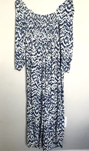 Eloquii Elements Smocked Jumpsuit 20 Plus Blue White Long Sleeve Wide Leg Boho - Picture 1 of 16