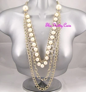 Classic Celebrity Shabby Chic 4 Strand Multi Chain Long Gold Boho Pearl Necklace - Picture 1 of 4