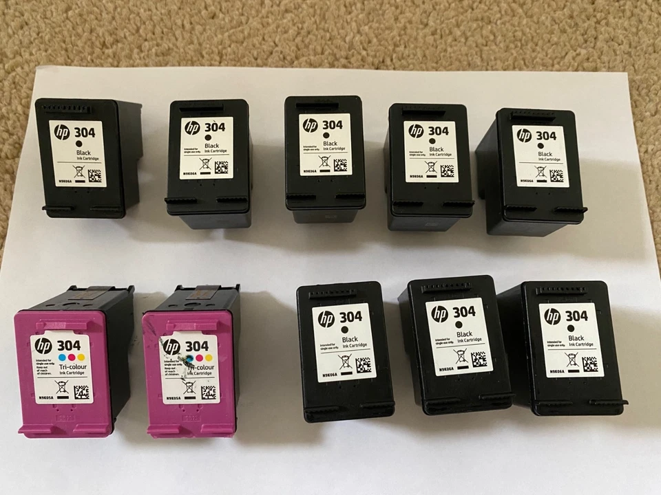 10 x Genuine HP304 Printer cartridges 8 Black  2 Tri-Colour "Empty" - Image 1 of 1