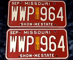 1991 Missouri Red White License Plate Pair WWP 964 MO Chevy Ford Chevrolet Set - Picture 1 of 4