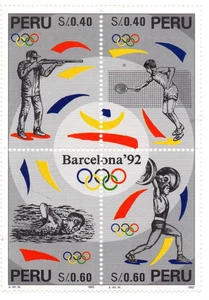 PERÚ BOLQUE 4 SELLOS OLIMPIADAS BARCELONA 92 TIRO, TENIS, NATACIÓN, ALTEROFILIA - Picture 1 of 1