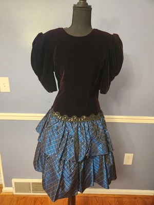 Vestido de Fiesta Scott McClintock Vintage Años 80 Talla 10 Negro Terciopelo Azul Volantes Foto 1 de 4