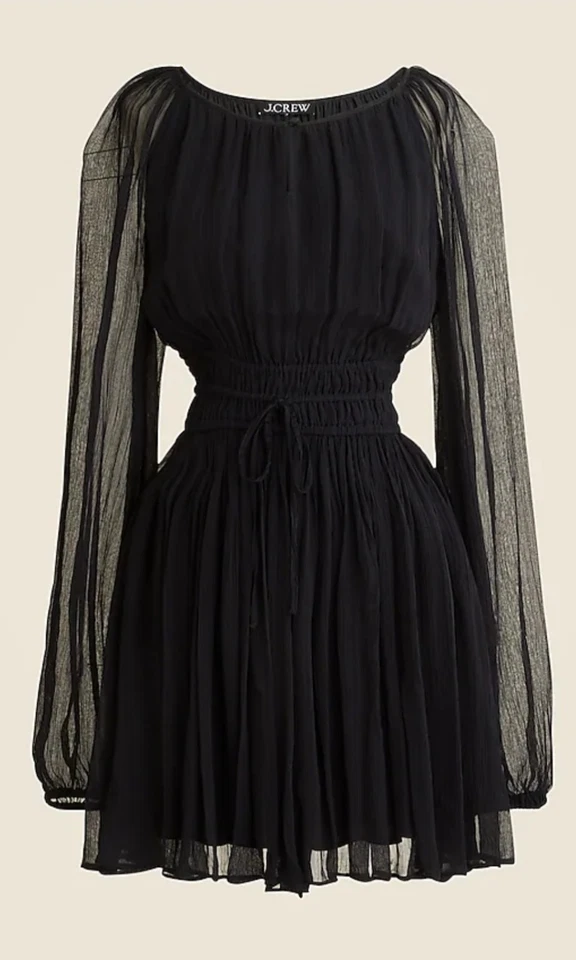J.Crew Elena long-sleeve mini dress in crinkle chiffon Black Size XS CF792