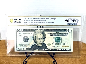 2017-A $20 FRN PCGS About Unc 50PPQ Fancy TRUE 0/1 BINARY Serial #PG10011110D - Picture 1 of 2