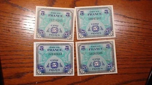 FOUR 1944 ALLIED MILITARY France 5 Francs MILITARY PAYMENT CERTIFICATE 5F NOTES - Picture 1 of 4
