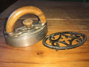Antique Mrs Potts Pressing mini Sad Iron Wooden Handle & trivet 