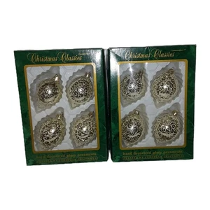 Vintage COMMODORE ROMANIA ROUNDED TEAR DROP GOLD/White GLASS ORNAMENTS Set Of 8 - Picture 1 of 7