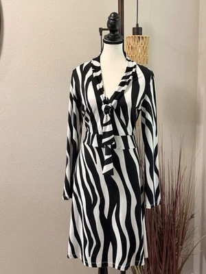 BCBG Maxazria Dress Black & White Striped Wrap Top Size Medium - Image 1 of 4