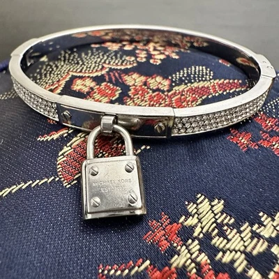 Michael Kors Padlock and Crystal Silver Tone Hinged Bangle Bracelet VGC - Image 1 of 4