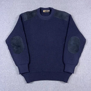 VTG Glenhusky Sweater Mens XL Blue Wool Suede Patches Commando Made in Scotland - Picture 1 of 10