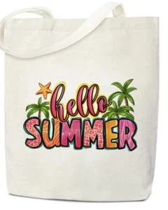 Hello Summer Canvas Tote Bag Grocery Library Reusable 15x16.5 - Picture 1 of 1