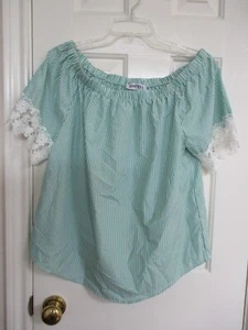 BRANDNEU GRÜN GESTREIFTES OBERTEIL SPITZENBESATZ KURZE ÄRMEL GRÖSSE LARGE - Bild 1 von 6