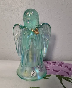 Fenton 6" irisierend blau/grün Karneval Glas Engel Schmetterling Glocke - Bild 1 von 9
