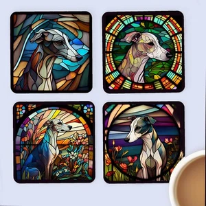 Pet Dog Coasters, Stained Glass Effect Print Whippet, Set Of 4, Mug Mats - Picture 1 of 1