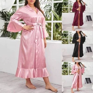 Plus Size Women Silk Long Sleeve Night Dress Sleepwear Kimono Gown Robe Bathrobe - Picture 1 of 24