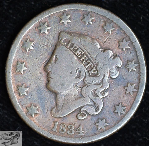 1834 Coronet Head Large Cent, N-1 Sm Date, Lg Stars, Very Good, Free Ship, C6301 Cover