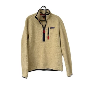Patagonia Beige Navy Deep Pile Sherpa Fleece 1/2 Zip Pullover Sweater Mens XS - Picture 1 of 6
