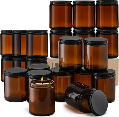24 Pack, 8 OZ Thick Amber round Glass Jars with Black Metal Lids - Empty Candle - Image 1 of 4
