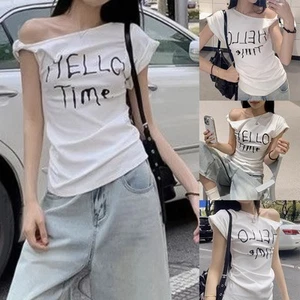 Women Short Sleeve Off Shoulder T Shirt with Letter Print for Vacation - Picture 1 of 29