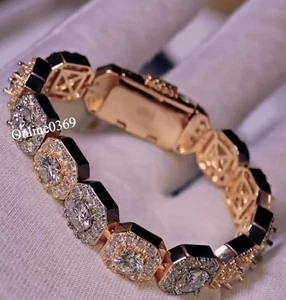 Men's Natural Moissanite 8" Two Tone Plated Silver Classy Tennis Link Bracelet - Picture 1 of 5
