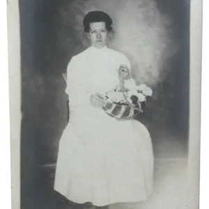 Antique RPPC Portrait Woman Flower Basket 1908 Cyko - Picture 1 of 3