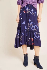 Anthropologie Maeve Women’s Midi Skirt Size 4 Merida Birds Graphic Flounced Blue - Picture 1 of 16