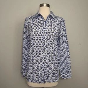 Talbots Sz Small Cotton Button Down Long Sleeve Shirt Blue White Print -B - Picture 1 of 5