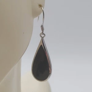 Silver And Black Onyx Dangle Earrings .925 Teardrop 1 1/2" - Picture 1 of 4