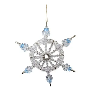 Vintage Safety Pin Beaded Snowflake Ornament - Clear & Blue Beads  Handmade - Picture 1 of 6