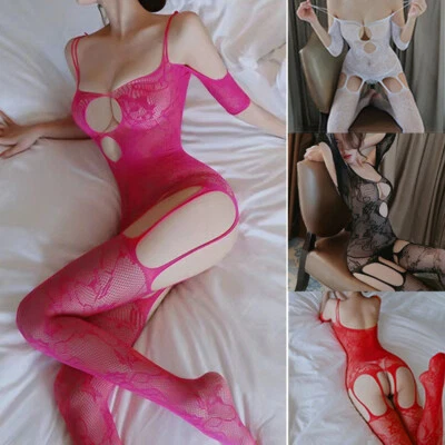 Women Sexy Lingerie Lace Full Body Stockings Babydoll Bodysuit Outfit Dress US - Image 1 of 4