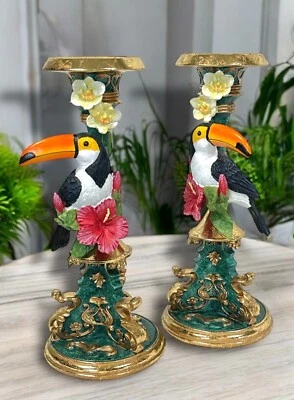 Exotic Candle Holders Tukan 2-Piece Set Green Gold 30.5Cm New - Image 1 of 4